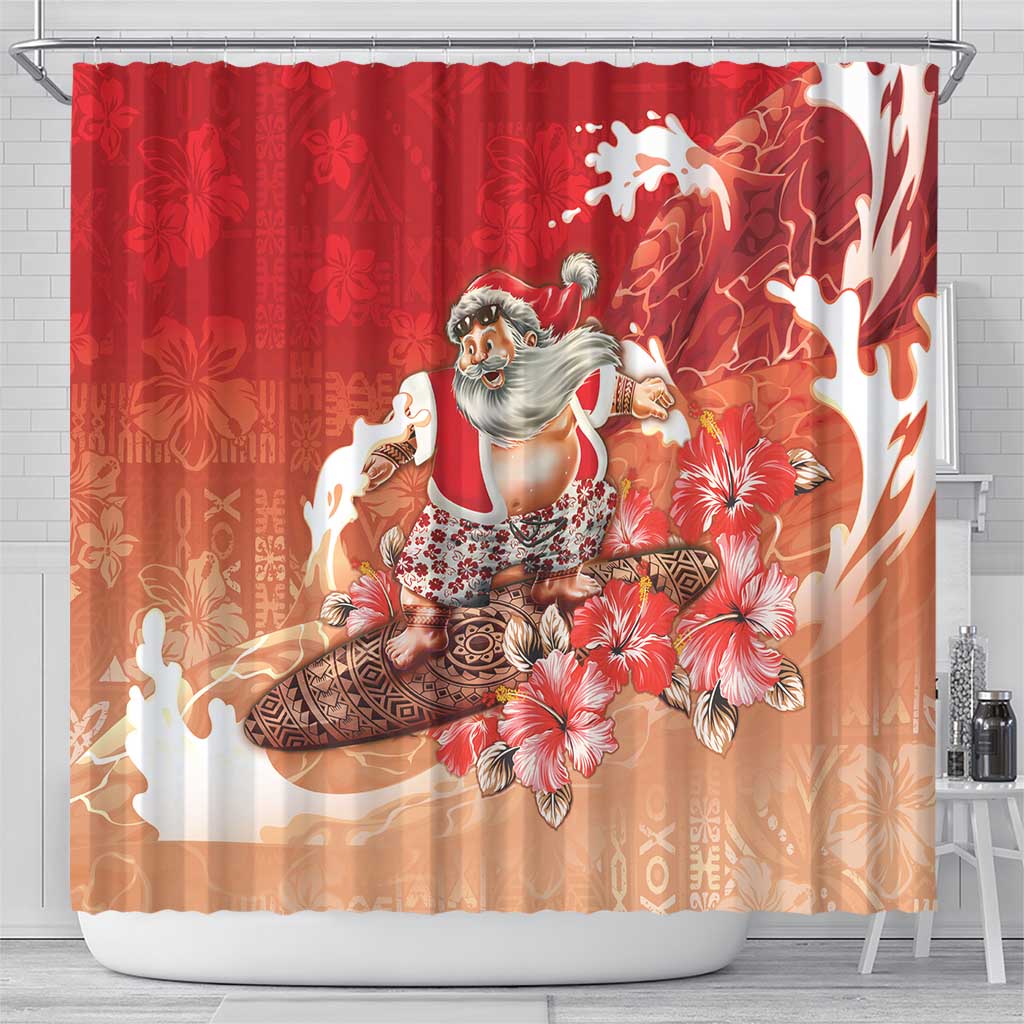 Hawaii Funny Christmas Shower Curtain Santa Surfing With Tapa Pattern - Polynesian Pride