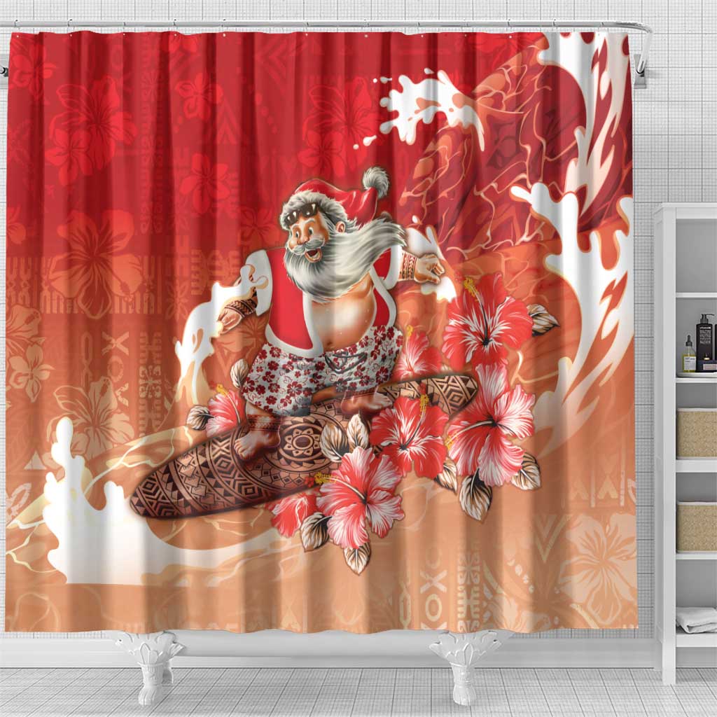 Hawaii Funny Christmas Shower Curtain Santa Surfing With Tapa Pattern - Polynesian Pride