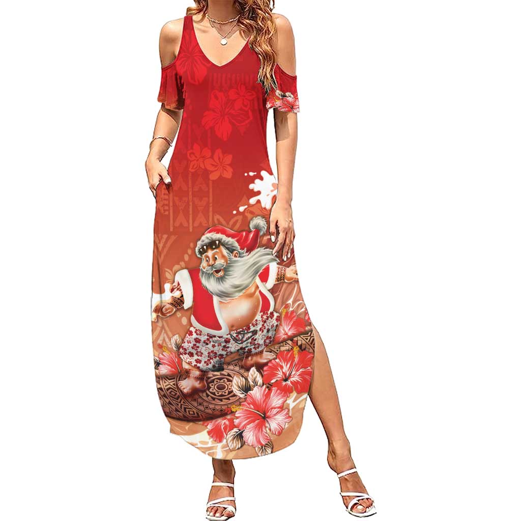 Hawaii Funny Christmas Summer Maxi Dress Santa Surfing With Tapa Pattern