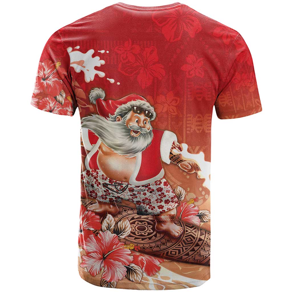 Hawaii Funny Christmas T Shirt Santa Surfing With Tapa Pattern - Polynesian Pride