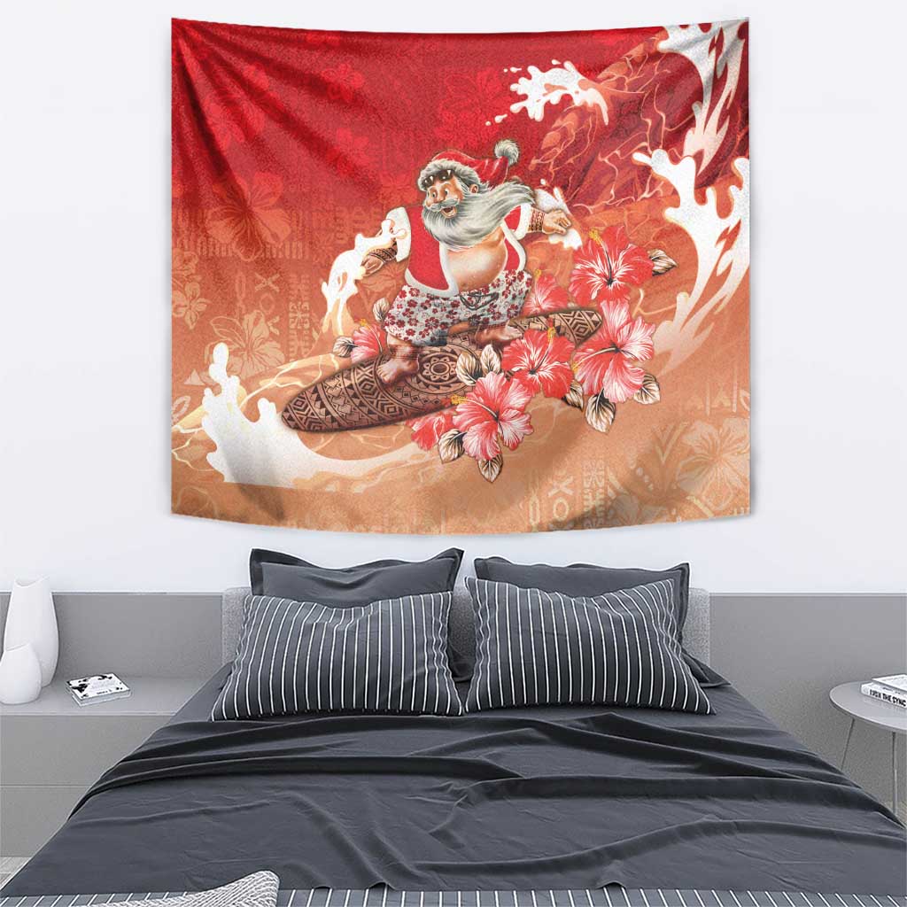 Hawaii Funny Christmas Tapestry Santa Surfing With Tapa Pattern - Polynesian Pride