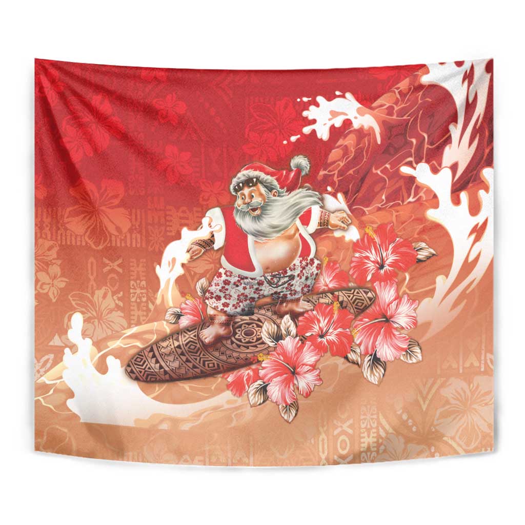 Hawaii Funny Christmas Tapestry Santa Surfing With Tapa Pattern - Polynesian Pride