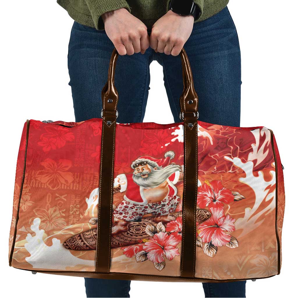 Hawaii Funny Christmas Travel Bag Santa Surfing With Tapa Pattern - Polynesian Pride