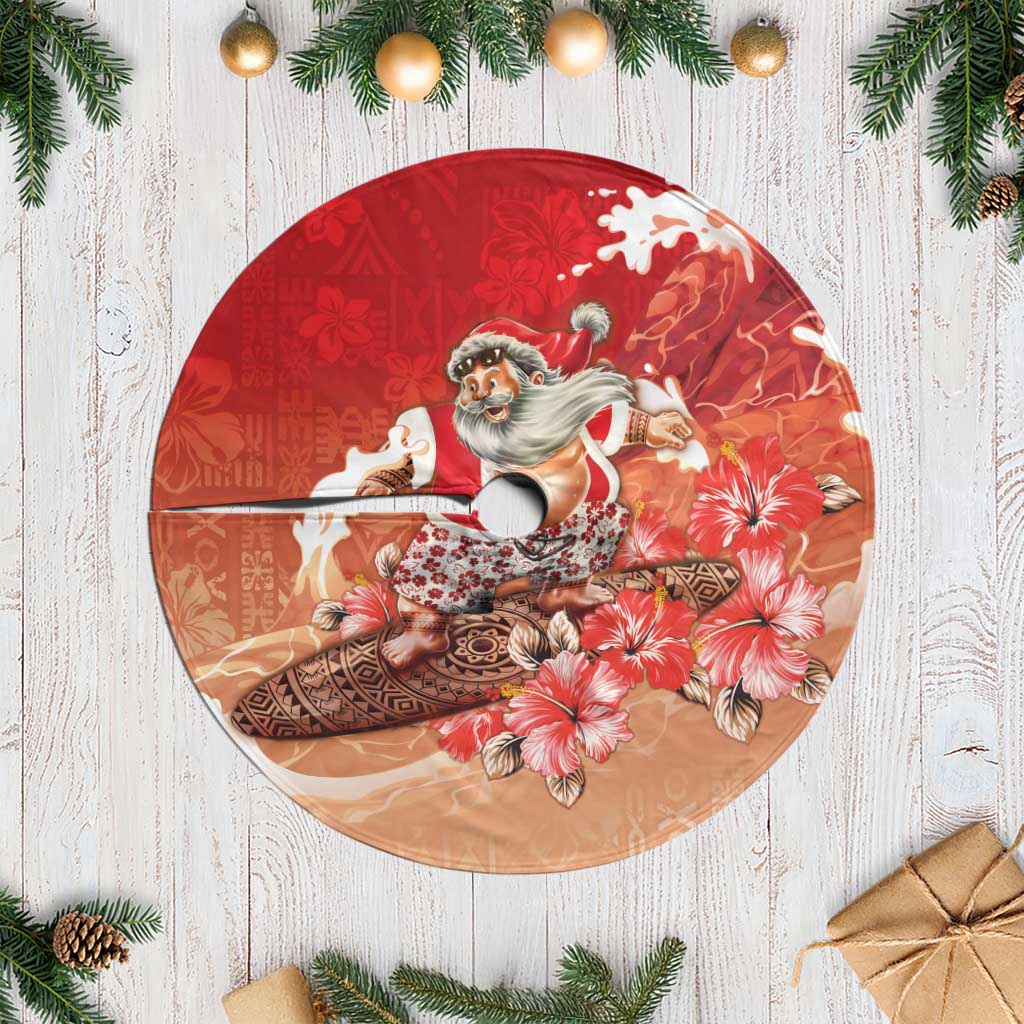 Hawaii Funny Christmas Tree Skirt Santa Surfing With Tapa Pattern - Polynesian Pride