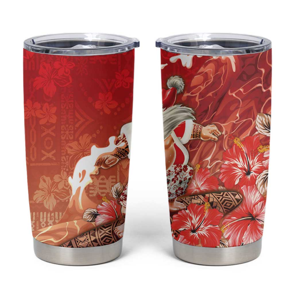 Hawaii Funny Christmas Tumbler Cup Santa Surfing With Tapa Pattern - Polynesian Pride