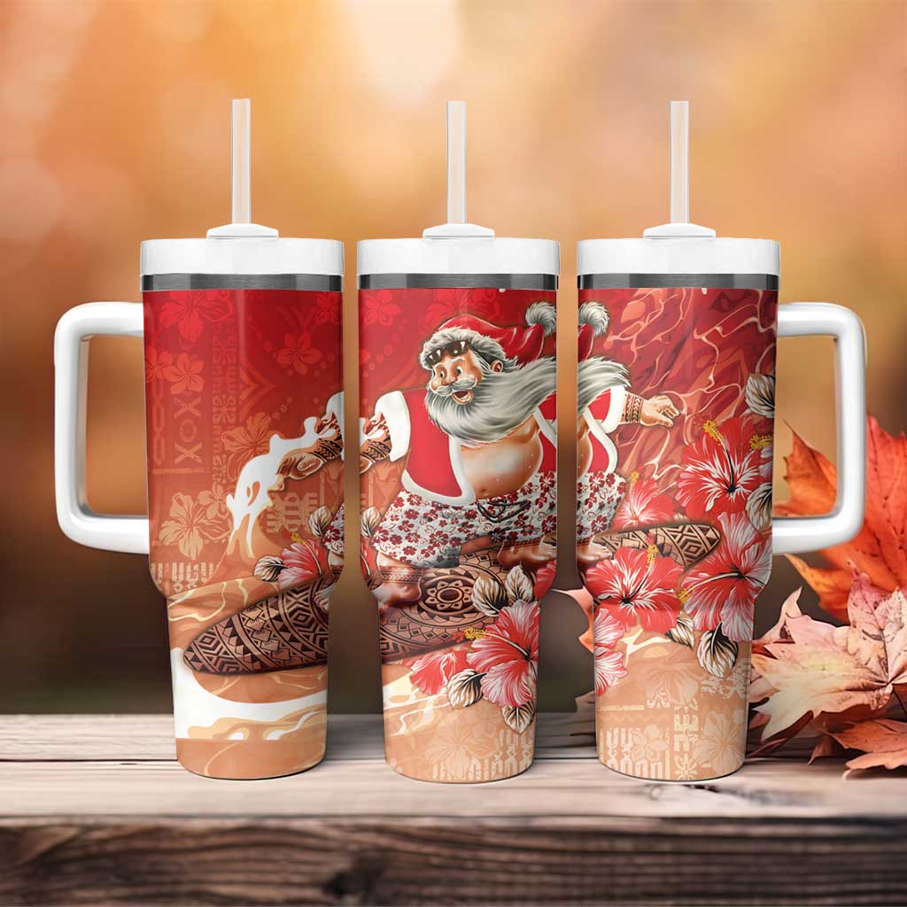 Hawaii Funny Christmas Tumbler With Handle Santa Surfing With Tapa Pattern - Polynesian Pride