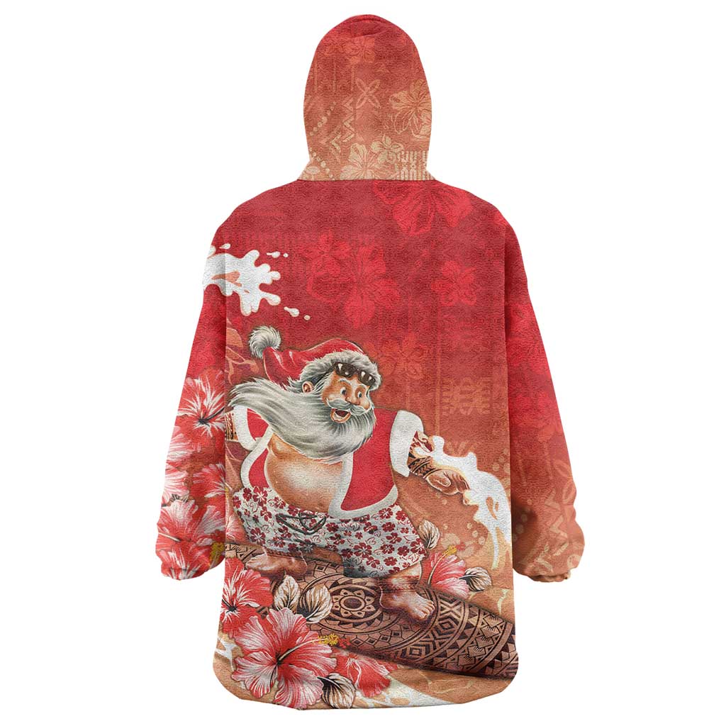 Hawaii Funny Christmas Wearable Blanket Hoodie Santa Surfing With Tapa Pattern - Polynesian Pride