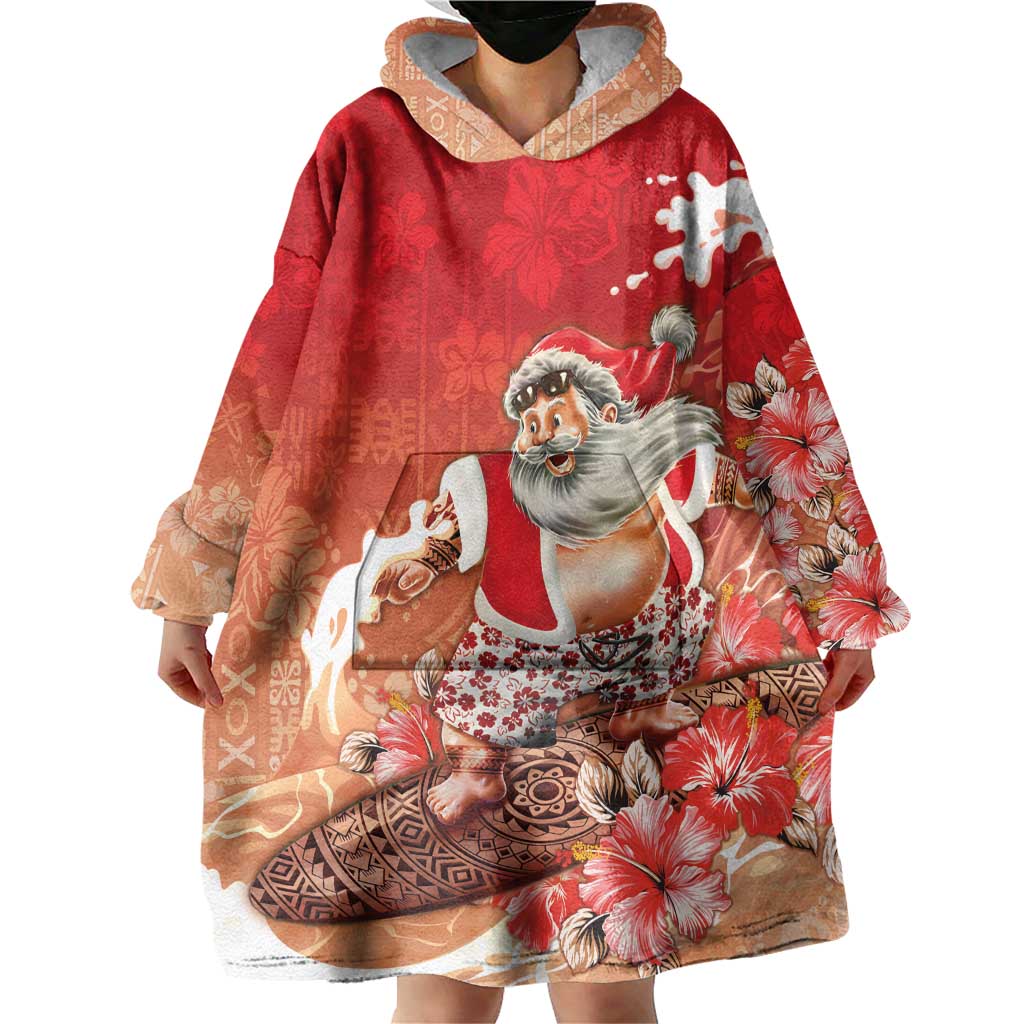 Hawaii Funny Christmas Wearable Blanket Hoodie Santa Surfing With Tapa Pattern - Polynesian Pride