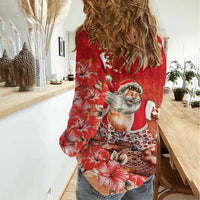 Hawaii Funny Christmas Women Casual Shirt Santa Surfing With Tapa Pattern - Polynesian Pride