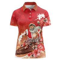 Hawaii Funny Christmas Women Polo Shirt Santa Surfing With Tapa Pattern - Polynesian Pride