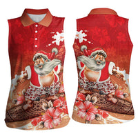 Hawaii Funny Christmas Women Sleeveless Polo Shirt Santa Surfing With Tapa Pattern - Polynesian Pride