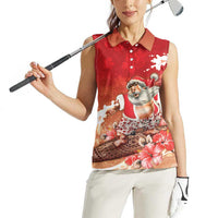Hawaii Funny Christmas Women Sleeveless Polo Shirt Santa Surfing With Tapa Pattern - Polynesian Pride
