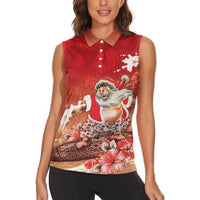 Hawaii Funny Christmas Women Sleeveless Polo Shirt Santa Surfing With Tapa Pattern - Polynesian Pride