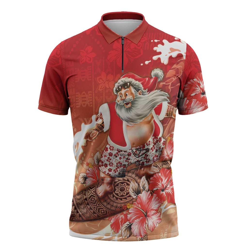 Hawaii Funny Christmas Zipper Polo Shirt Santa Surfing With Tapa Pattern - Polynesian Pride