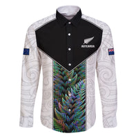 Custom New Zealand Fern Rugby Family Matching Tank Maxi Dress and Hawaiian Shirt World Cup 2023 Paua Shell Maori Pattern LT05 Dad's Shirt - Long Sleeve White - Polynesian Pride