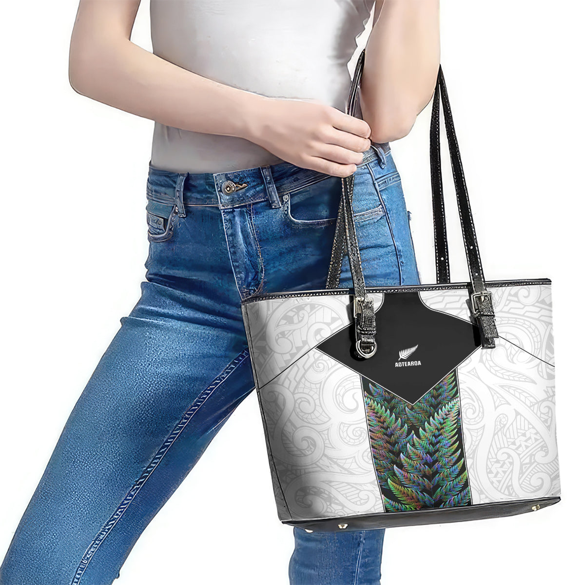 New Zealand Fern Rugby Leather Tote Bag World Cup 2023 Paua Shell Maori Pattern LT05 - Polynesian Pride