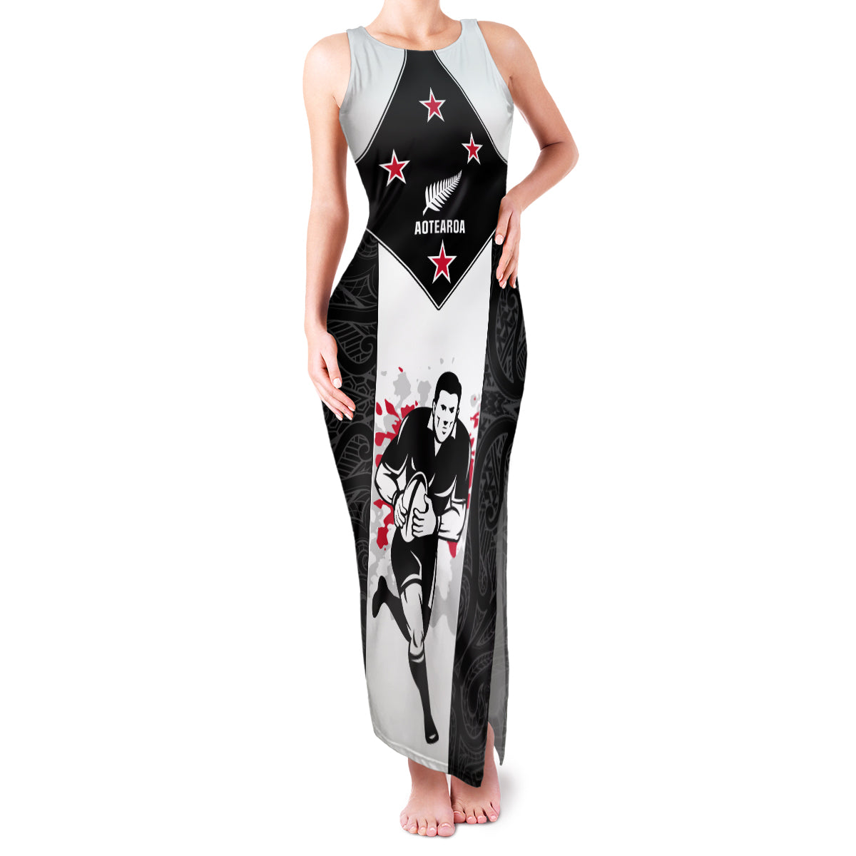 Custom New Zealand Player Rugby Family Matching Tank Maxi Dress and Hawaiian Shirt World Cup 2023 Maori Pattern LT05 Mom's Dress Black - Polynesian Pride