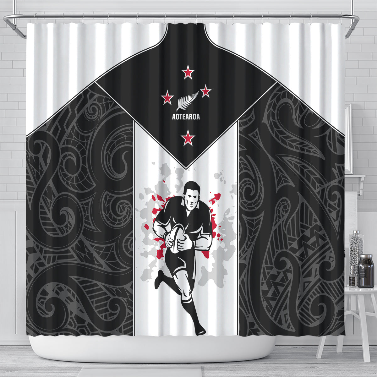 New Zealand Player Rugby Shower Curtain World Cup 2023 Maori Pattern LT05 - Polynesian Pride