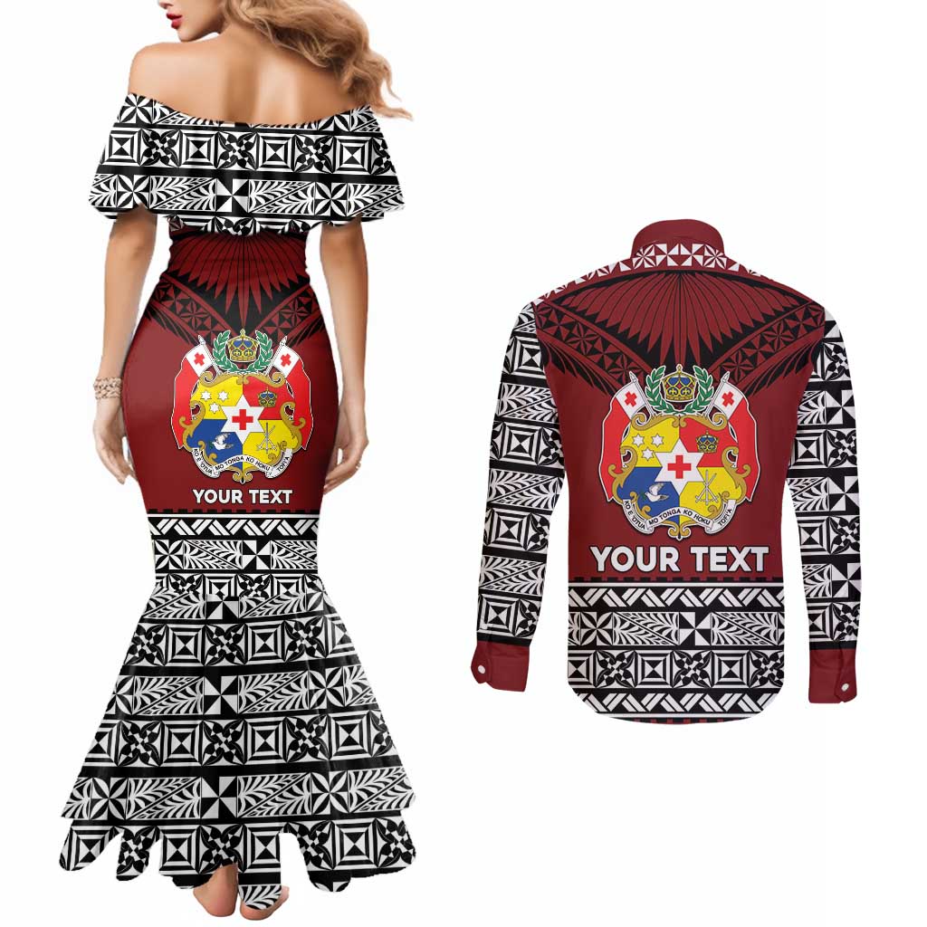 Personalised Tonga Constitution Day Couples Matching Mermaid Dress and Long Sleeve Button Shirt Tongan Kupesi Ngatu Pattern