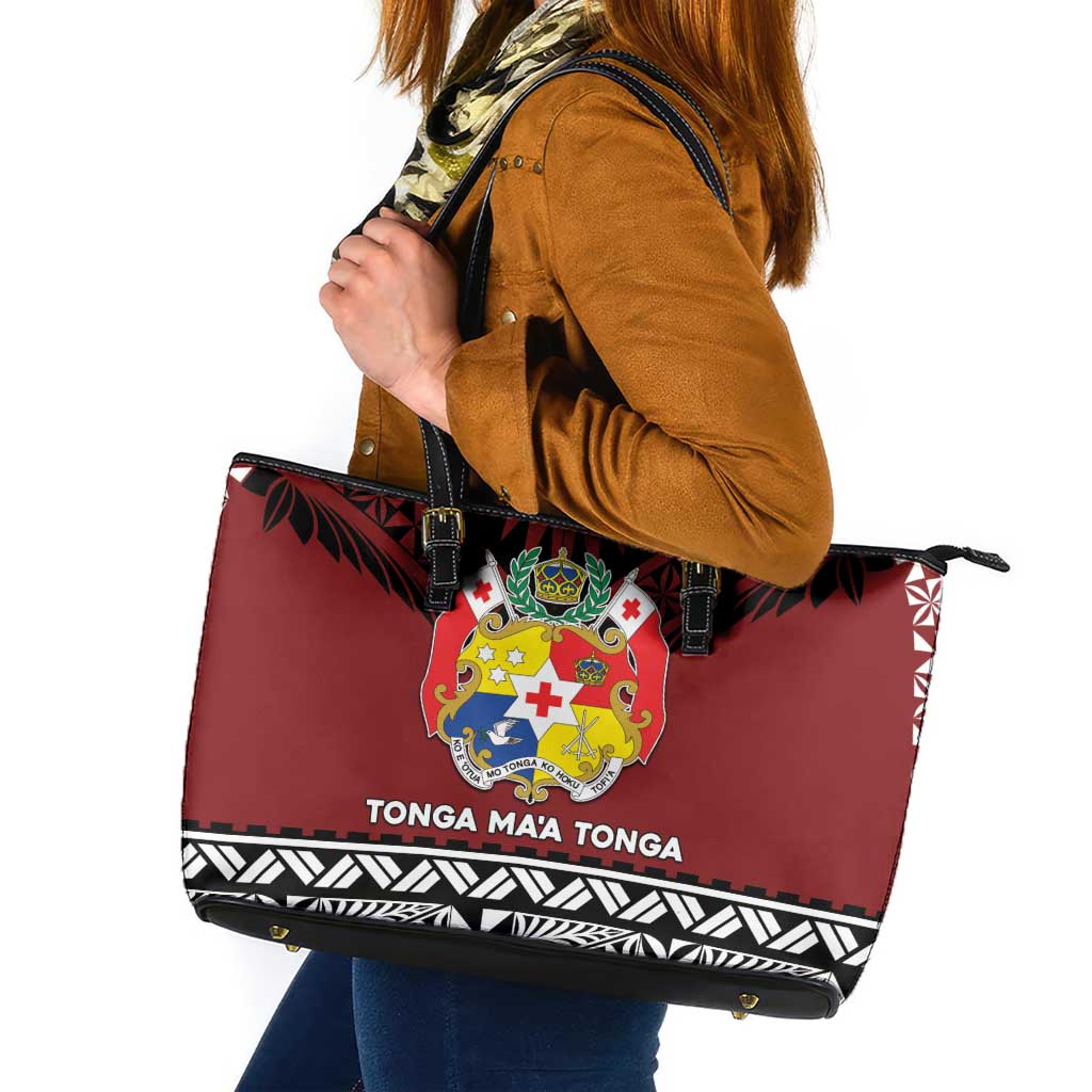 Tonga Constitution Day Leather Tote Bag Tongan Kupesi Ngatu Pattern LT05 Red - Polynesian Pride