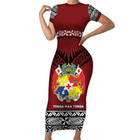 Personalised Tonga Constitution Day Short Sleeve Bodycon Dress Tongan Kupesi Ngatu Pattern LT05 Long Dress Red - Polynesian Pride