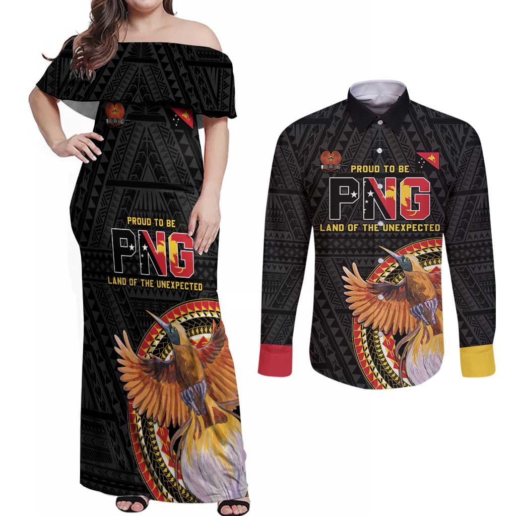 Papua New Guinea Tok Pisin Wik Couples Matching Off Shoulder Maxi Dress and Long Sleeve Button Shirt Land Of The Unexpected LT05 Black - Polynesian Pride
