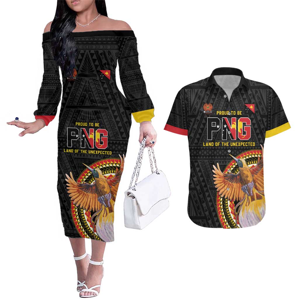 Papua New Guinea Tok Pisin Wik Couples Matching Off The Shoulder Long Sleeve Dress and Hawaiian Shirt Land Of The Unexpected LT05 Black - Polynesian Pride