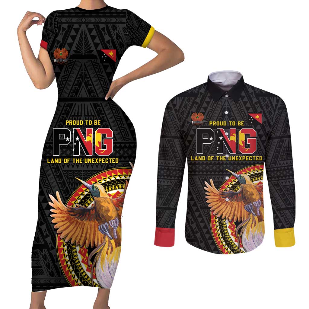Papua New Guinea Tok Pisin Wik Couples Matching Short Sleeve Bodycon Dress and Long Sleeve Button Shirt Land Of The Unexpected LT05 Black - Polynesian Pride
