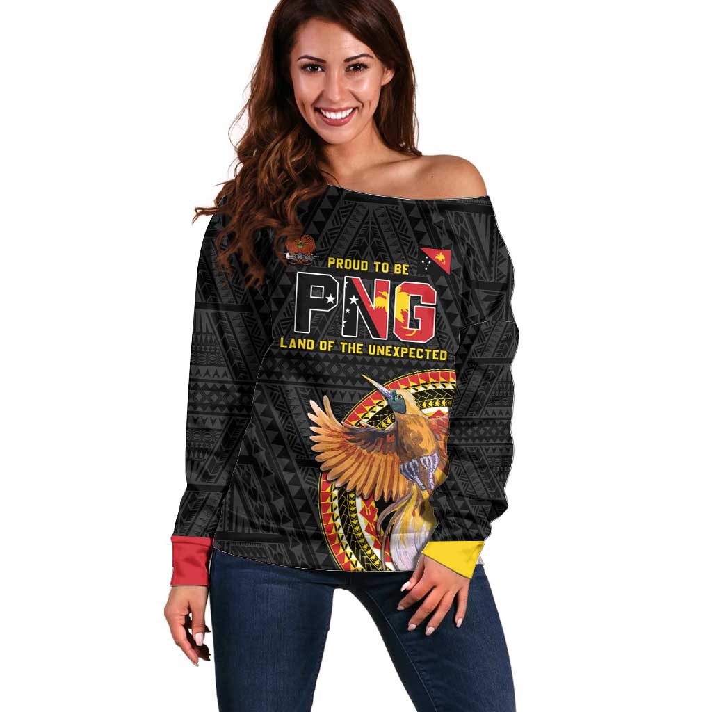 Papua New Guinea Tok Pisin Wik Off Shoulder Sweater Land Of The Unexpected LT05 Women Black - Polynesian Pride