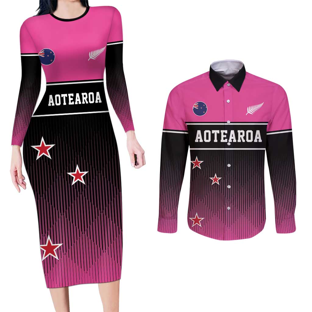 Custom New Zealand Women Cricket Couples Matching Long Sleeve Bodycon Dress and Long Sleeve Button Shirt Pink Simple Style