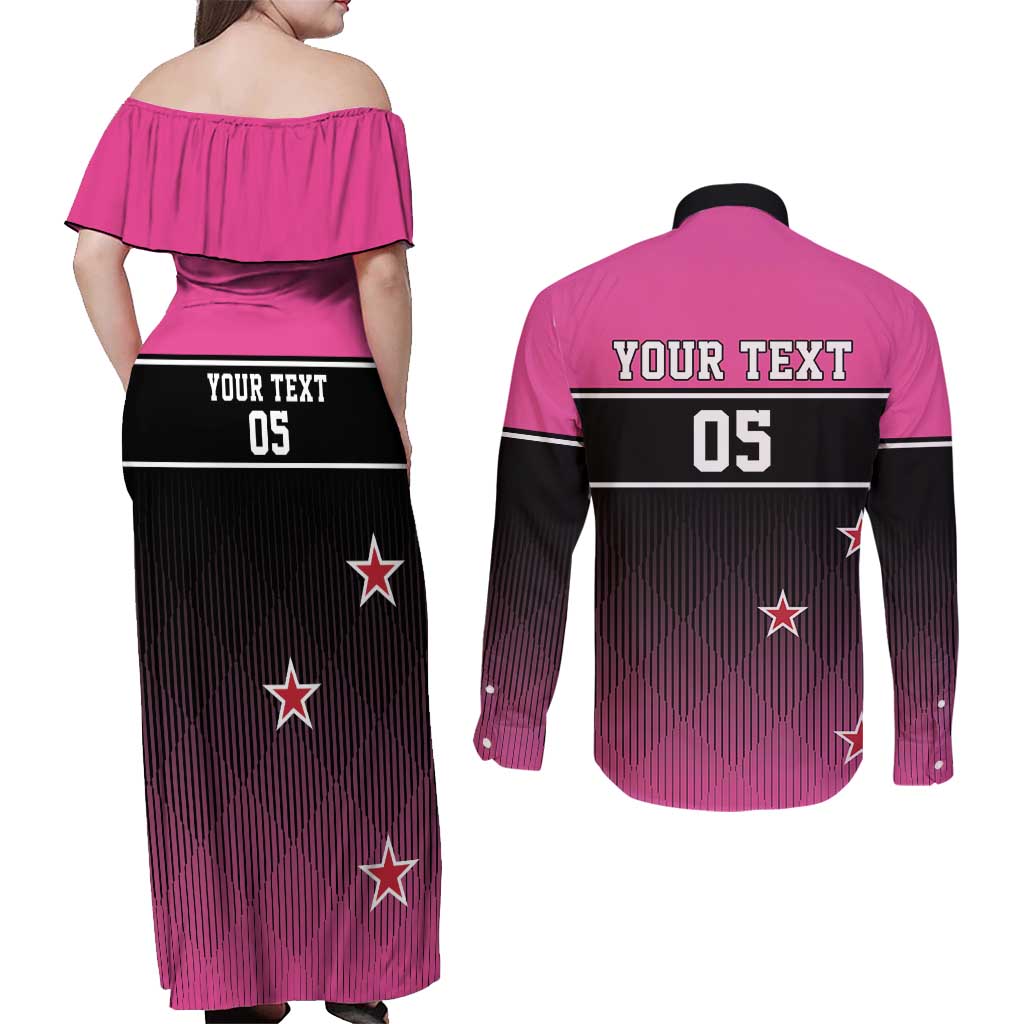 Custom New Zealand Women Cricket Couples Matching Off Shoulder Maxi Dress and Long Sleeve Button Shirt Pink Simple Style