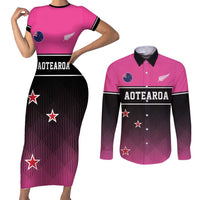 Custom New Zealand Women Cricket Couples Matching Short Sleeve Bodycon Dress and Long Sleeve Button Shirt Pink Simple Style