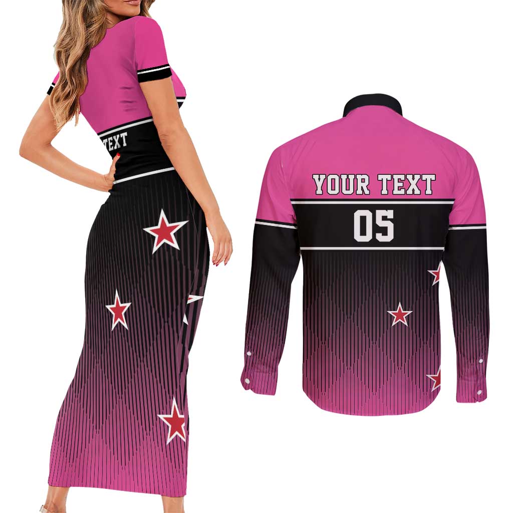 Custom New Zealand Women Cricket Couples Matching Short Sleeve Bodycon Dress and Long Sleeve Button Shirt Pink Simple Style
