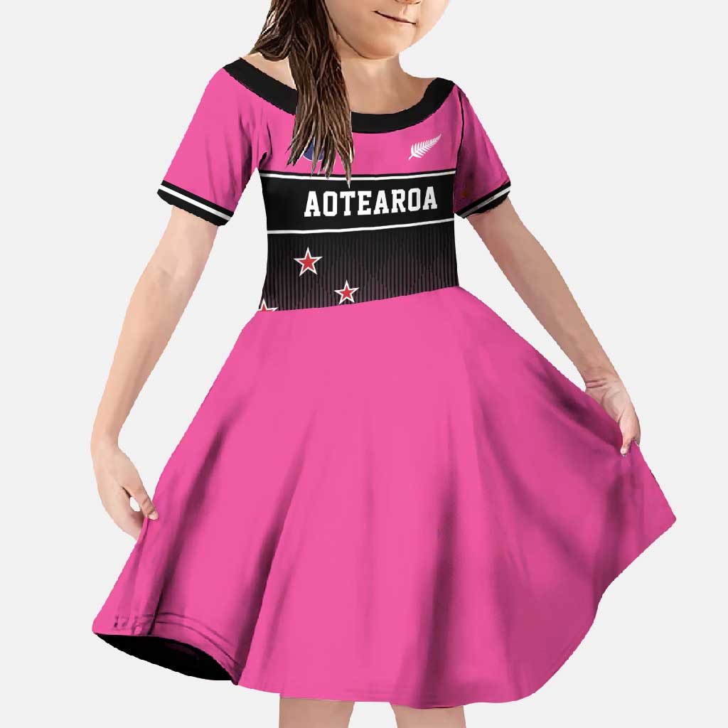 Custom New Zealand Women Cricket Family Matching Mermaid Dress and Hawaiian Shirt Pink Simple Style LT05 Daughter's Dress Pink - Polynesian Pride