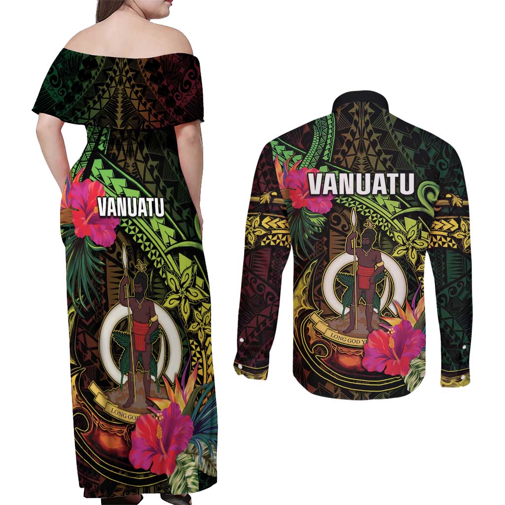 Vanuatu Couples Matching Off Shoulder Maxi Dress and Long Sleeve Button Shirt Be Strong Pray For Port Vila