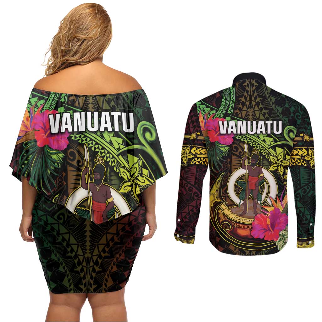 Vanuatu Couples Matching Off Shoulder Short Dress and Long Sleeve Button Shirt Be Strong Pray For Port Vila