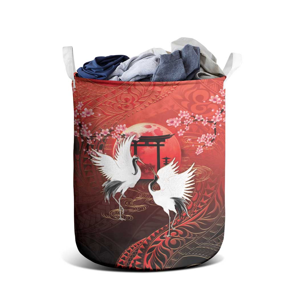 Hawaii and Japan Together Laundry Basket Polynesian Art Tattoo With Cranes And Sakura - Polynesian Pride