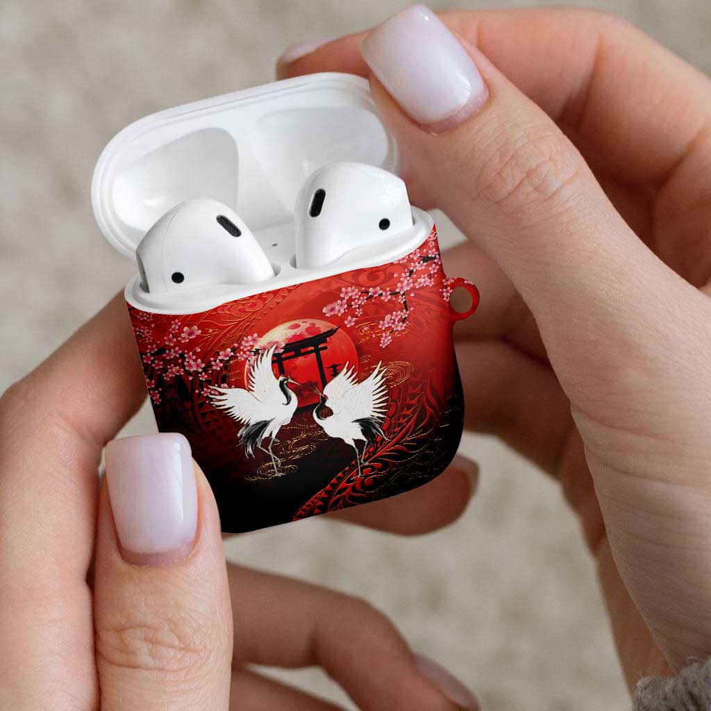 Hawaii and Japan Together AirPods Case Polynesian Art Tattoo With Cranes And Sakura - Polynesian Pride