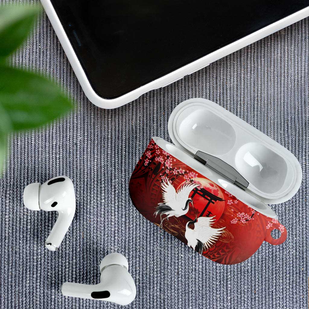 Hawaii and Japan Together AirPods Case Polynesian Art Tattoo With Cranes And Sakura - Polynesian Pride
