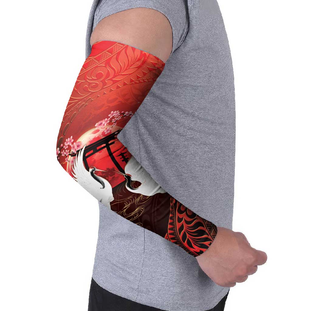 Hawaii and Japan Together Arm Sleeves Polynesian Art Tattoo With Cranes And Sakura - Polynesian Pride
