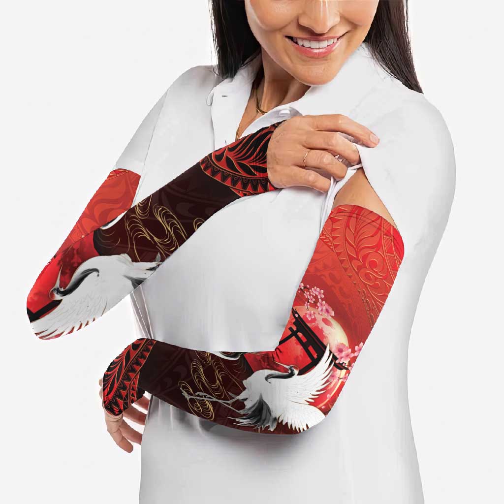 Hawaii and Japan Together Arm Sleeves Polynesian Art Tattoo With Cranes And Sakura - Polynesian Pride