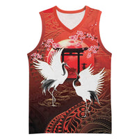 Hawaii and Japan Together Basketball Jersey Polynesian Art Tattoo With Cranes And Sakura - Polynesian Pride