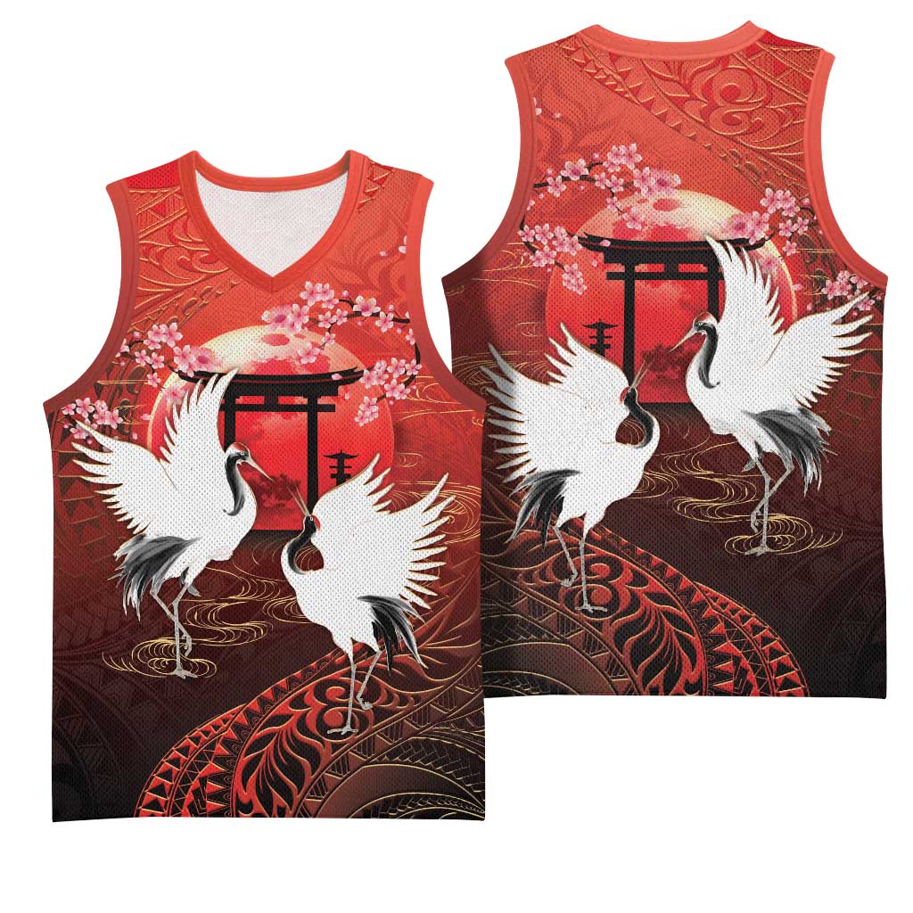 Hawaii and Japan Together Basketball Jersey Polynesian Art Tattoo With Cranes And Sakura - Polynesian Pride