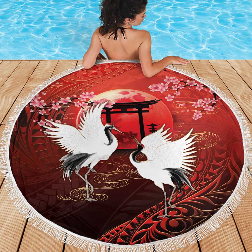 Hawaii and Japan Together Beach Blanket Polynesian Art Tattoo With Cranes And Sakura - Polynesian Pride