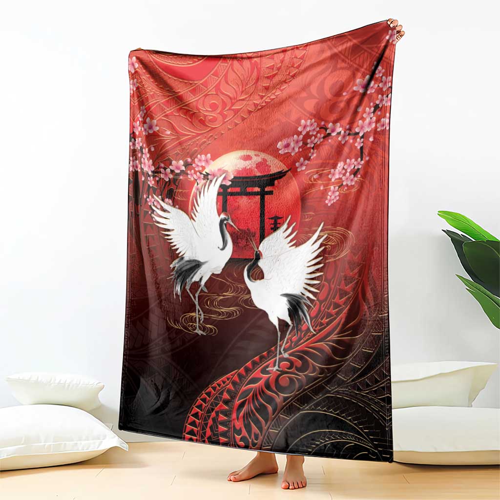 Hawaii and Japan Together Blanket Polynesian Art Tattoo With Cranes And Sakura - Polynesian Pride