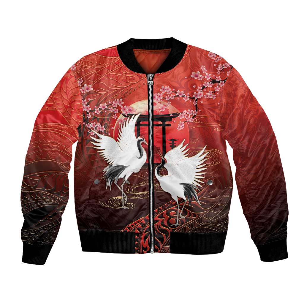 Hawaii and Japan Together Bomber Jacket Polynesian Art Tattoo With Cranes And Sakura - Polynesian Pride