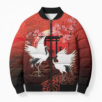 Hawaii and Japan Together Bomber Puffer Jacket Polynesian Art Tattoo With Cranes And Sakura - Polynesian Pride