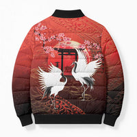 Hawaii and Japan Together Bomber Puffer Jacket Polynesian Art Tattoo With Cranes And Sakura - Polynesian Pride