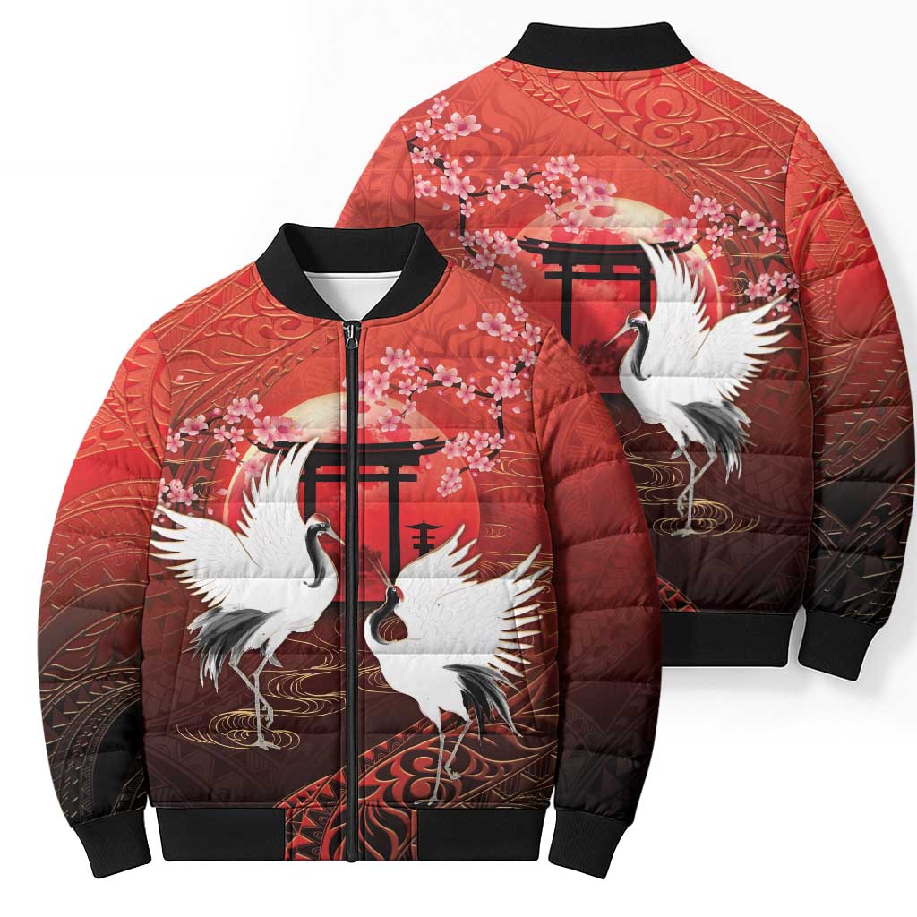 Hawaii and Japan Together Bomber Puffer Jacket Polynesian Art Tattoo With Cranes And Sakura - Polynesian Pride