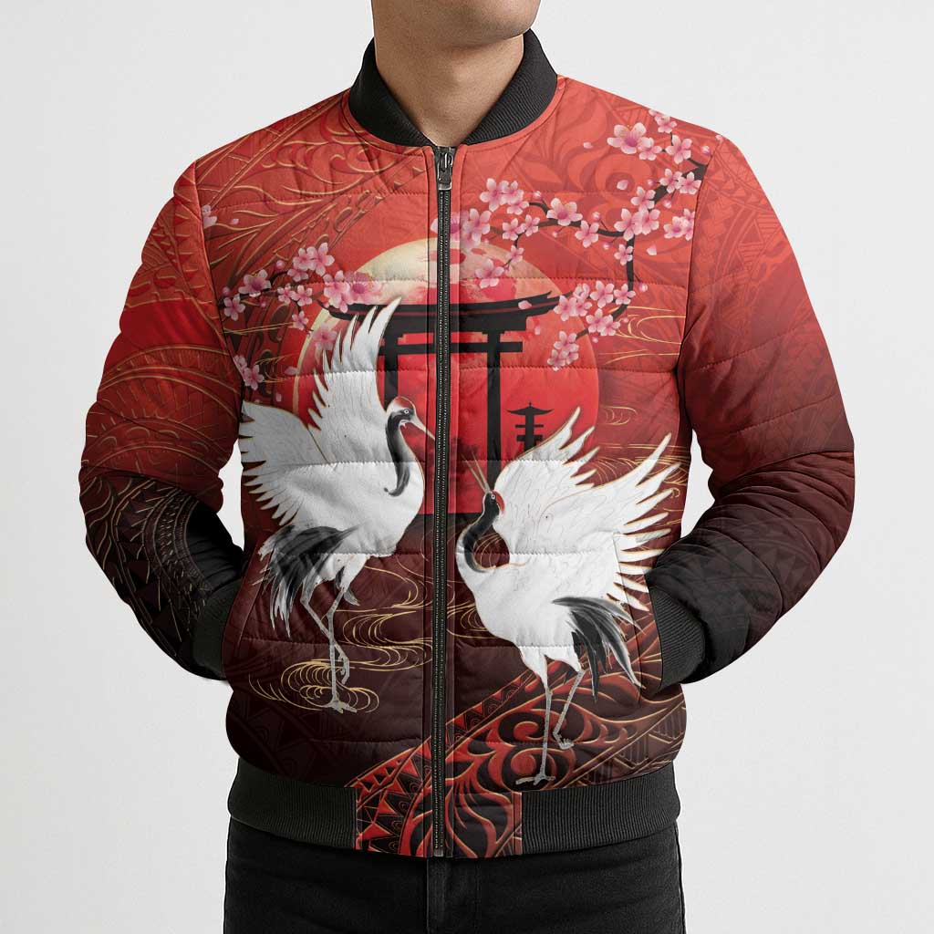 Hawaii and Japan Together Bomber Puffer Jacket Polynesian Art Tattoo With Cranes And Sakura - Polynesian Pride